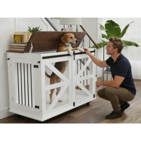 47.2 Mobile Dog Crate With Flip-Top Feeding Door, Dual-Access & 5 Caster System 2 Locking, Side Hooks - Multi-Functional Pet Kennel,double Dog Crate F