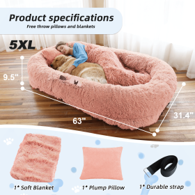 Human Dog Bed, Large Size Fits You and Pets, Washable Faux Fur Dog Bed for People Doze Off, Napping Orthopedic Dog Bed, Present Plump Pillow, Blanket (Color: Pink, size: 5XL(63"L ×31.4"W ×9.5"Th))